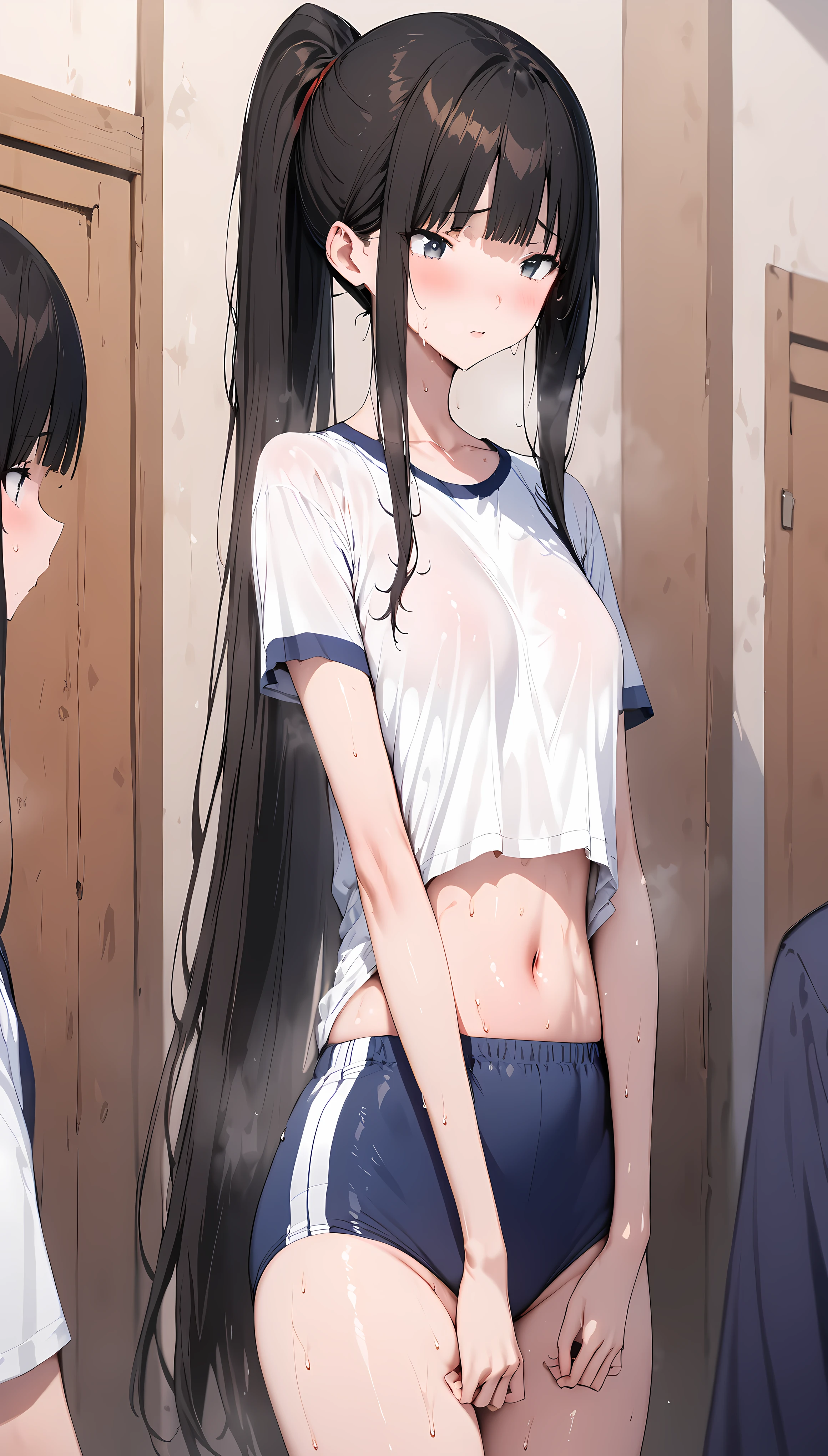 ((masterpiece,Best Quality:1.3,best quality illustrations)),portrait,cowboy shot,1 woman,adult,(ponytail),straight long hair,black hair,(very small head:1.2), long bangs between eyes,gray eyes,(gorgeous eyes)、shy,very long body:1.2,(School gym blue buruma,white T-shirt,Short sleeve),slender body,toned body,shiny skin,sweat,steaming body,standing,((Multiple female students in the background))、outdoor sports ground、School、Tokyo、