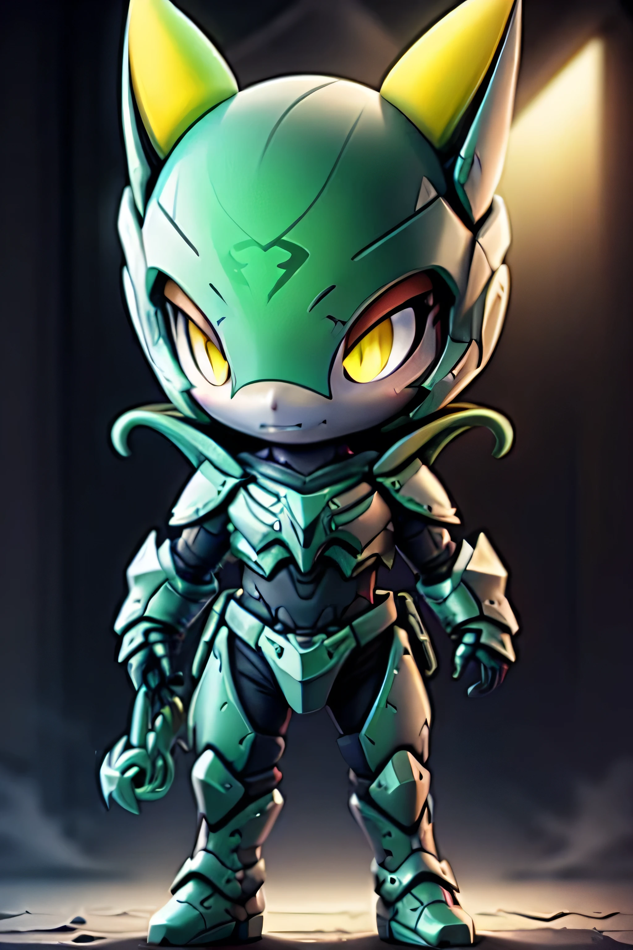 guchen,,chibi, yellow eyes,,glowing,Sci-Fi,Neon Lights,Hyper Real,Photorealistic,16K,high detail,high resolution, ((green armor)), Serperior design, feminine body, snake armor, 