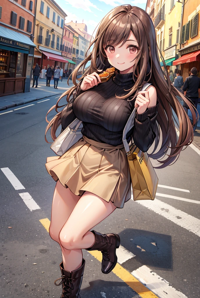  1 girl, solo,  High Resolution , Long Hair, ((((Large Breasts)))), Eat, smile,  brown eyes , Brown Hair, In the streets of Italy,  High Resolution , masterpiece, accurate,  anatomically correct, 最high quality,  detail, 高い detail,  high definition models, high quality,  very detailed,  textured skin,  ultra-fine, Black knit sweater,  brown mini skirt ,  Long Boots , ,  in the pub, Brown shoulder bag, whole body, shopping, Eating pasta,  seems to be having fun,