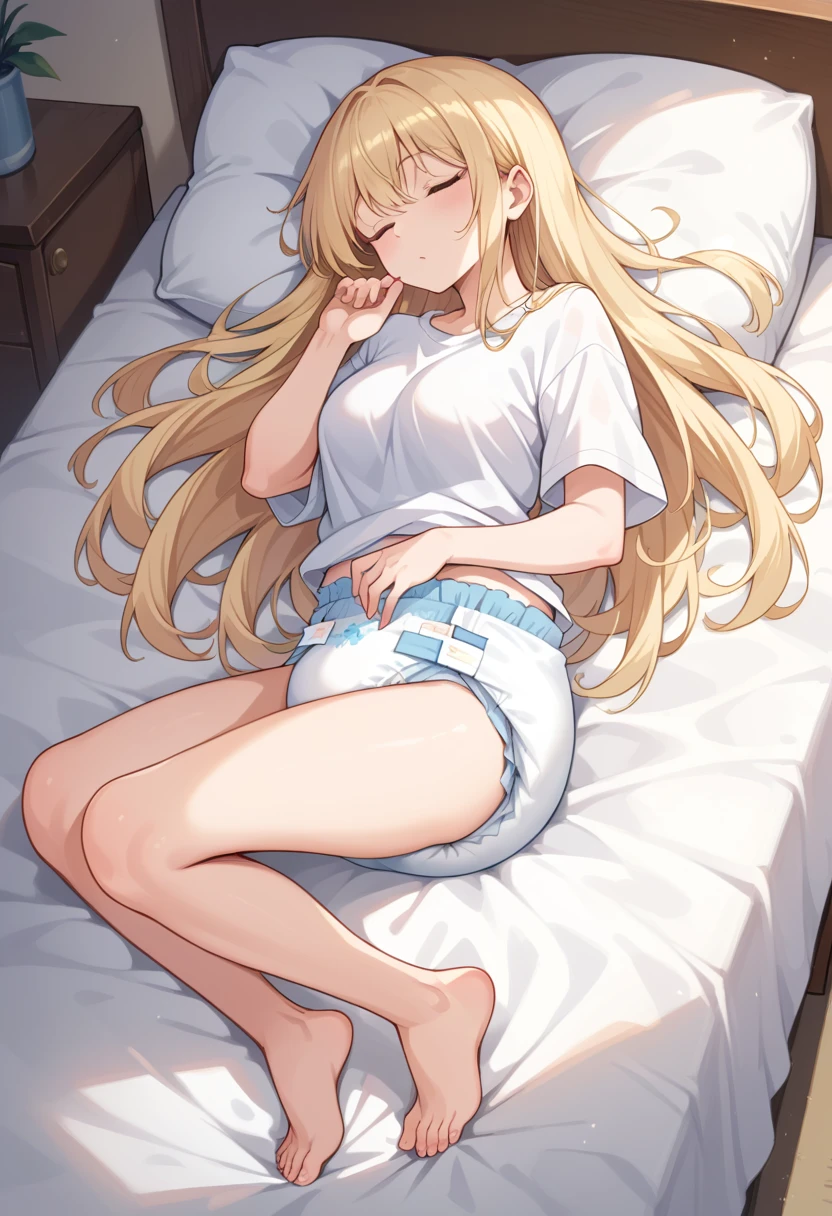 Beautiful long blonde　 white shirt　diaper　 sleeping in bed 　barefoot　Open your legs