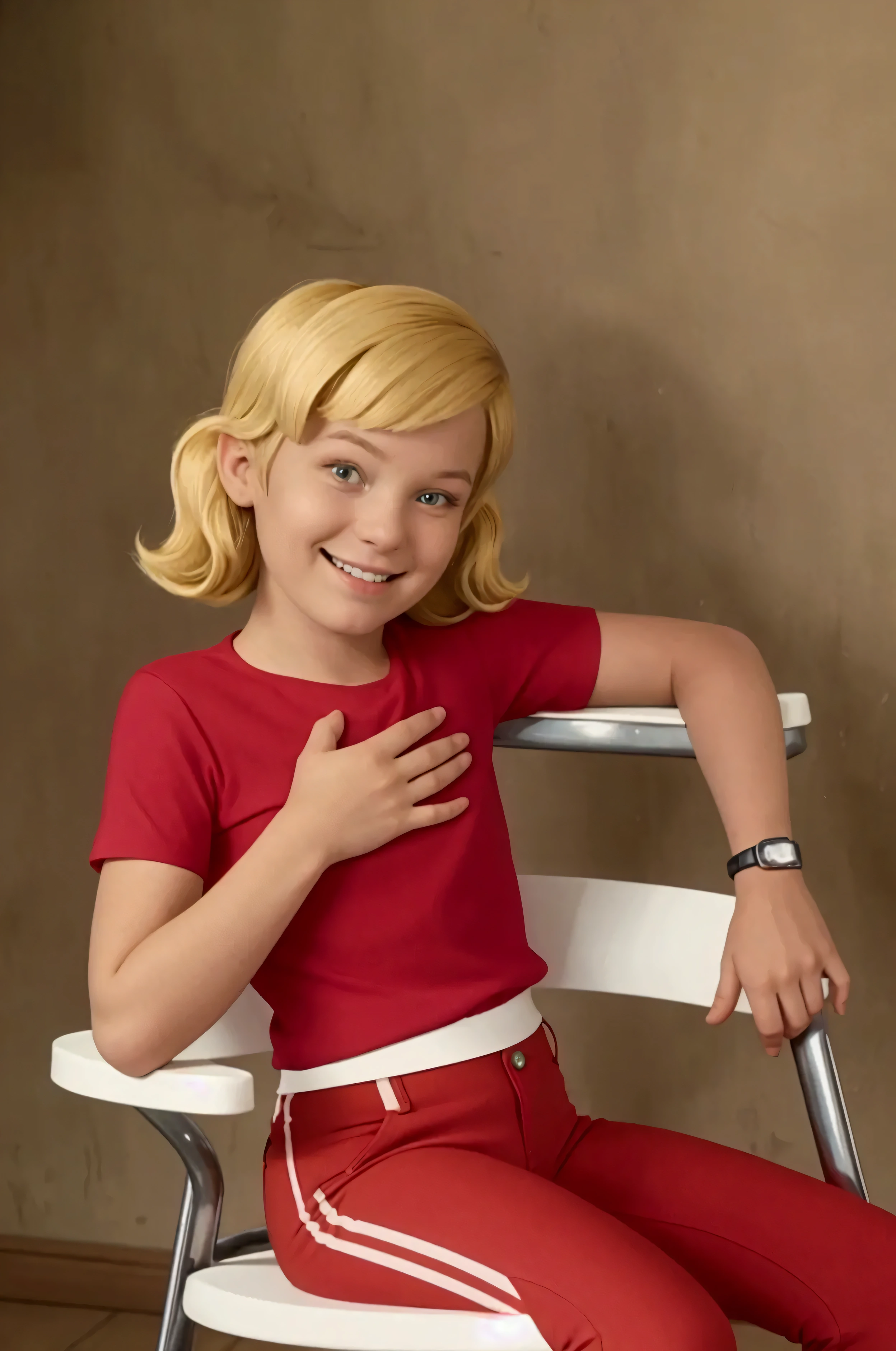 pennygadget, girl, blonde hair, red shirt with single white stripe in the middle, full body, green pants, oval face, pointed chin, closed mouth smile, sitting in a chair, looking at viewer