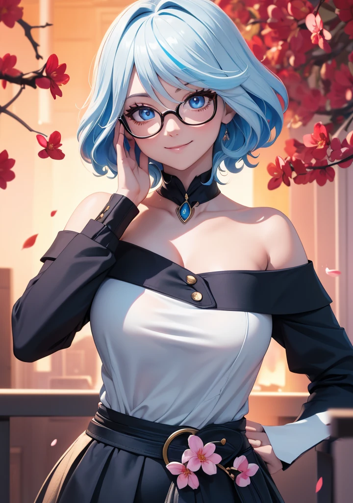 (masterpiece), best quality, expressive eyes, perfect succubus girl hybrid face, long cyan and blue hair, magenta eyes, glasses, silly smile, navy blue tank top, gold necklace between her breasts, black denim mini shorts , black thong, big and perfect breasts, perfect ass, home, garden, during the day, she makes a silly look when you ask her about your favorite shirt, nfsw