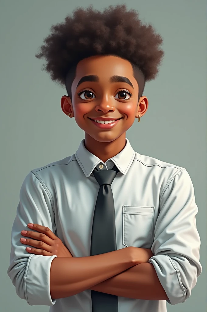 I want someone wearing a student shirt, purple tie, purple background.
