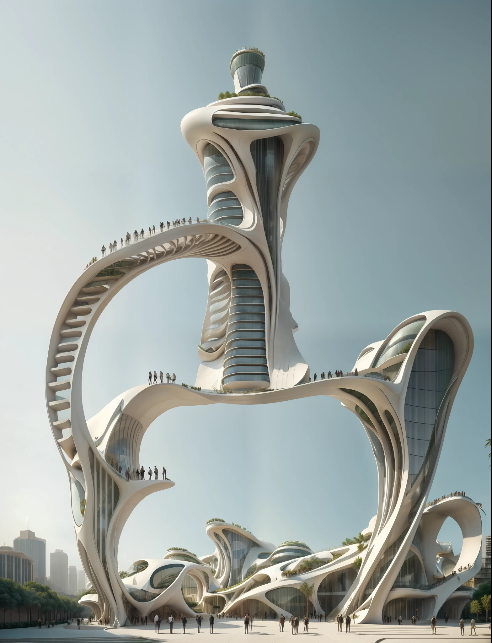 Building by Zaha Hadid, concrete and glass, windows, stripes, Realistic, people on walkways, gardens, green areas, people all around plaza, people walking, flawless, by syd mead