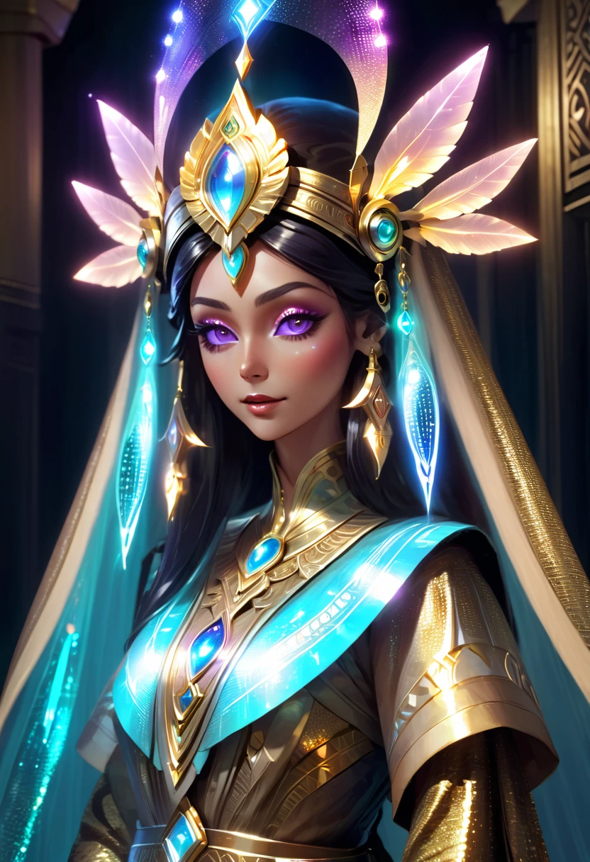 transparent hologram woman, holographic projection, altmer, intricate alien headdress, portrait, dollish eyelashes, nebula eyes, iridescent, holographic clothing, ornate greek robes, huge jewelry, high elf, hyper detailed dress, anime style, stunning eyes, colorful eyeshadow, beautiful altmer characters, glowing light painting, Tanselu, Haifa Wehbe, 