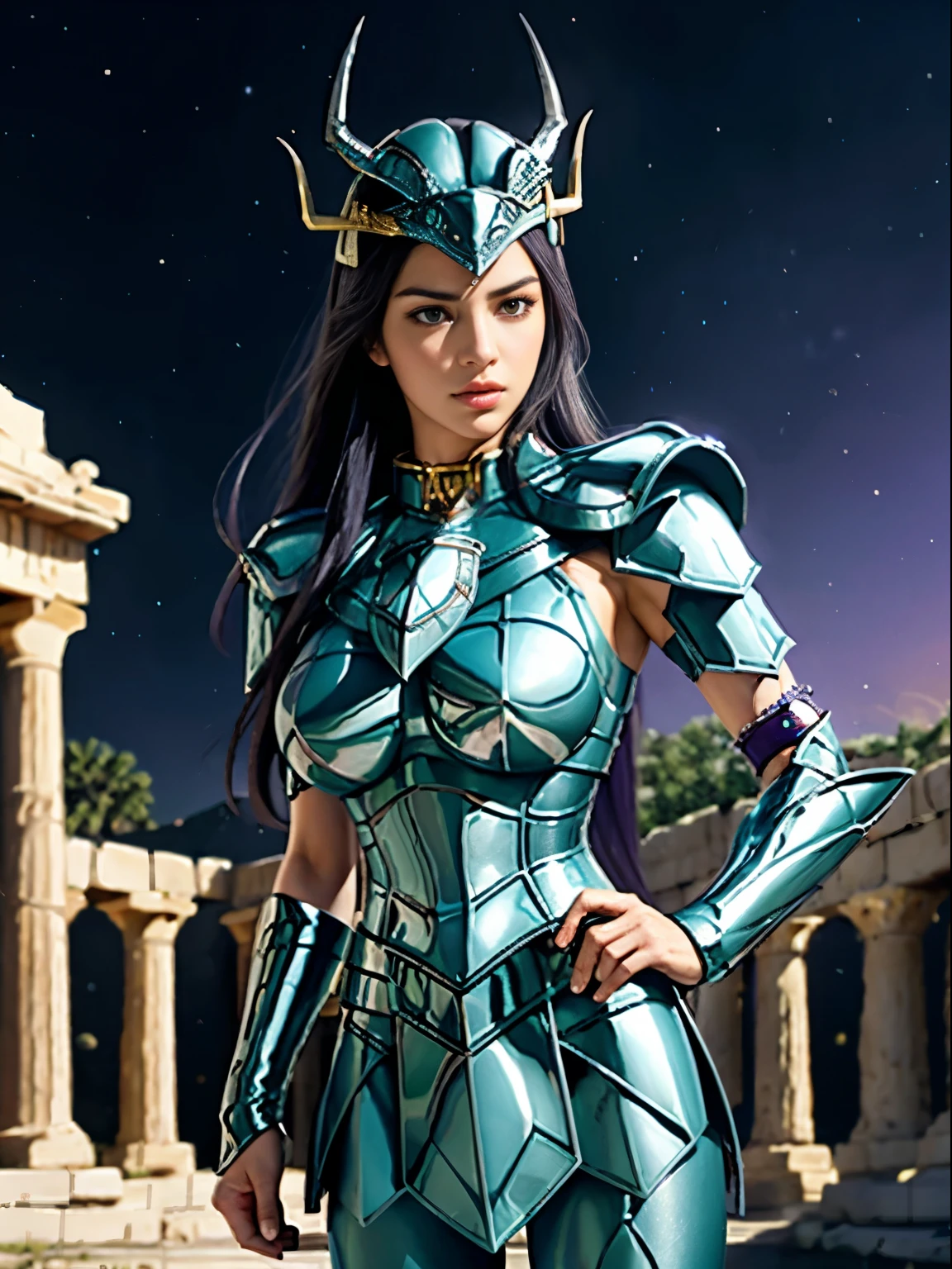 masterpiece, best quality, ultra high res, realistic skin texture, armature, (photorealistic:1.4), high resolution, raw photo, shiny skin, realistic skin texture, best lighting, sparkle, dramatic lighting, dynamic pose, (greek temple background:1.3), night sky, cosmos, milky way, 1girl, (medium breast:1.1), balanced eyes, Dragon Shiryu wearing green silver armor, purple pants, purple short sleeve shirt, wearing dragon helmet, roman skirt plate, (breast plate:1.5), very long hair, cleavage,