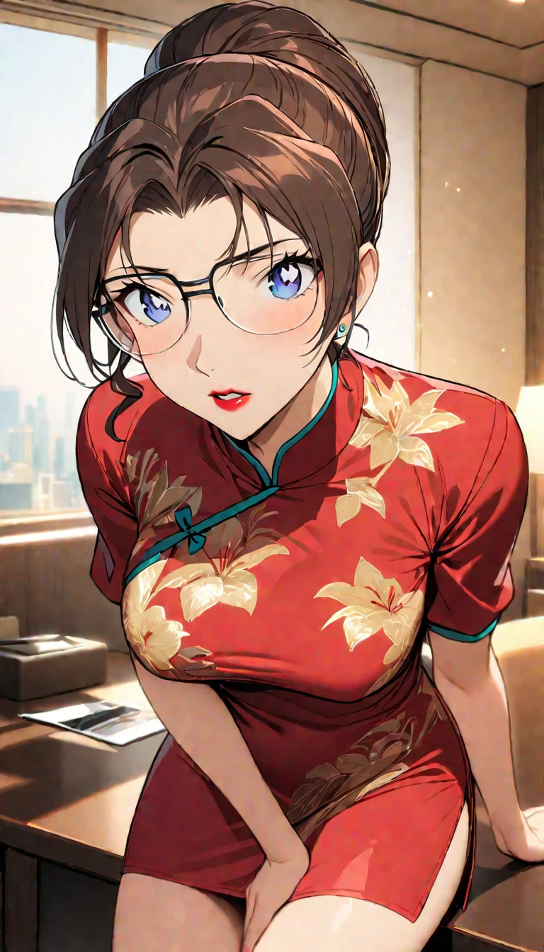 Wearing a red gaudy cheongsam with red lipstick, a beautiful mature woman with brown hair, (solo:1.2),perfect body, with glasses,(highest quality,masterpiece:1.4)