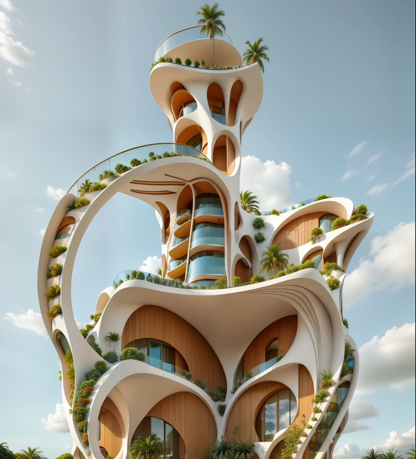 Building , plaza, Architecture render, tropical, realistic, balcony stripes, openings, concrete and glass, by Syd Mead