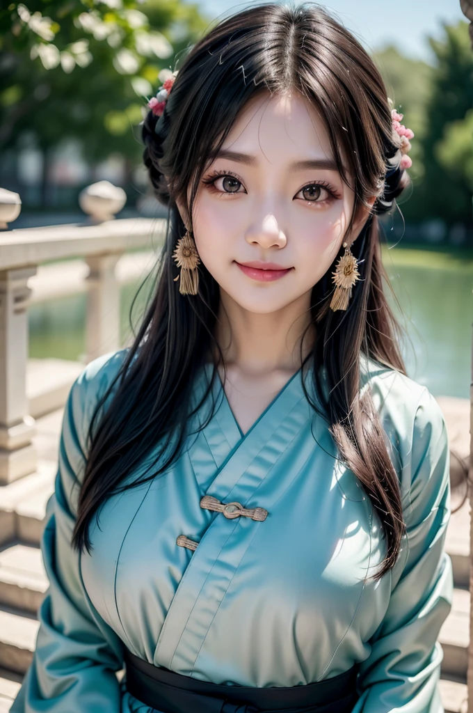 black hair, hair bobbles, wince, longeyelashes, solid circle eyes, light smile, ear blush, ccurate, gisaeng, female, huge breasts, open hanbok, Surrealism, drop shadow, anaglyph, stereogram, tachi-e, pov, atmospheric perspective, 8k, super detail, best quality