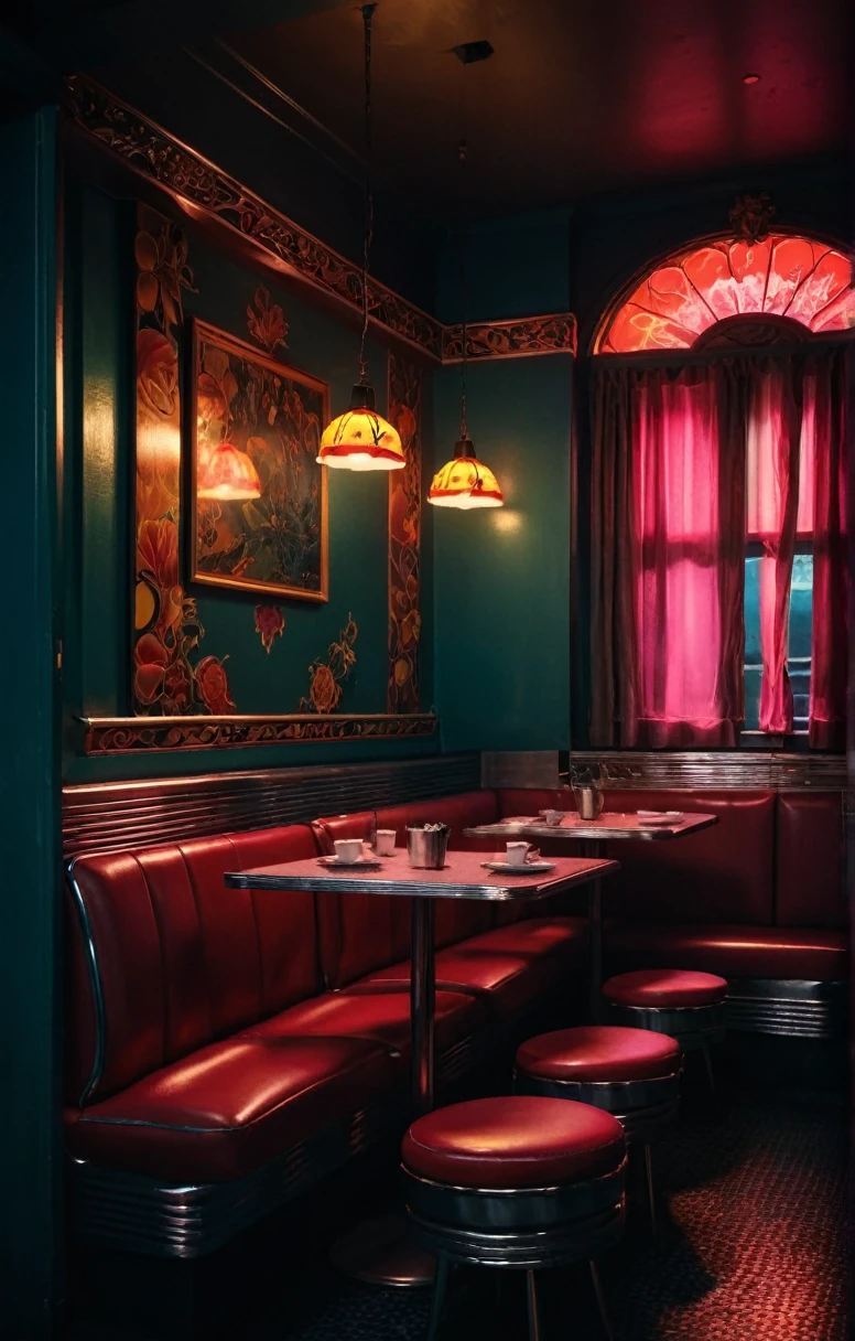 , Diner Aesthetics  , Vibrant colors,  Beautiful background . Dark and gloomy,   An Enchanting Blend of Light and Shadow. masterpiece, Absurd, Intricate details