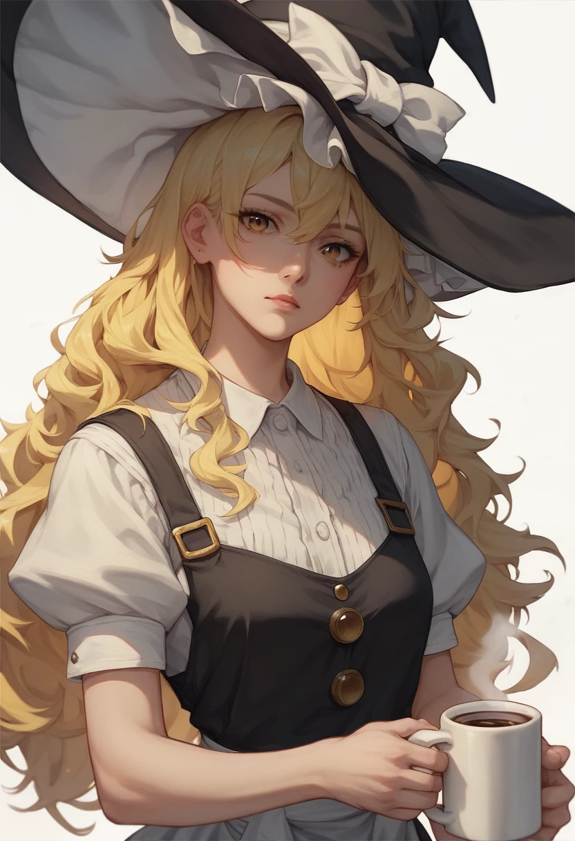 kirisame marisa, witch hat, blonde hair, long hair, white puffy short sleeves, upper body, holding coffee mug in one hand, 2d, looking at viewer