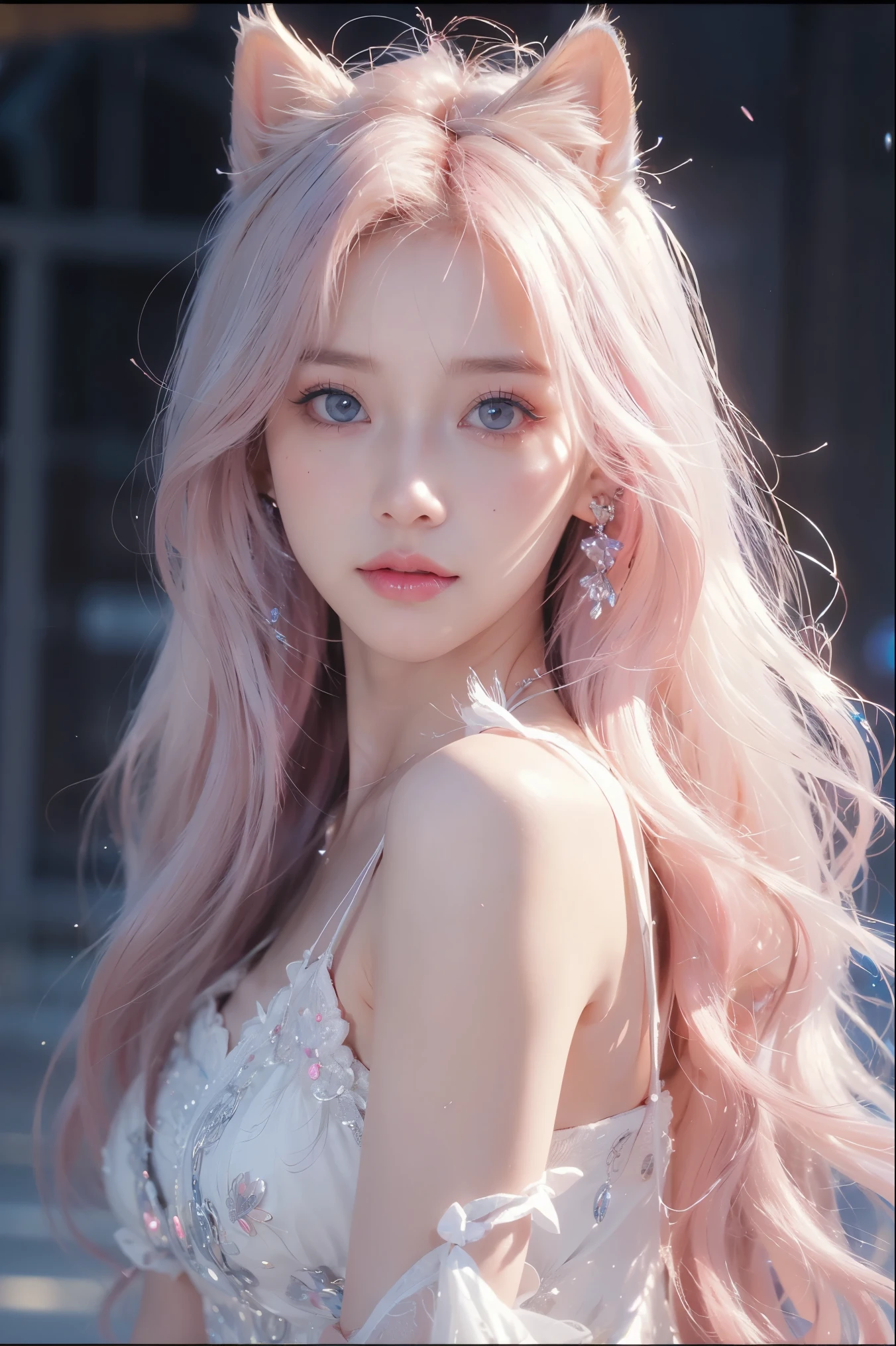 photorealistic,Realistic illustration in Modelshoot style,((masterpiece)),((The best quality)),((Ultra Quality)),((ultra detailed)),((1girl long white hair)),((Only)),((waifu:1.5)),Perfect anatomy,perfect hands,beautiful cuerpo,beautiful_method,ulzzang-6500-v1,e-chica,((Exceptionally Beauty Waifu Princess)), intricate details, realist, photorealist, Full Body Portrait, Instagram Photo of a woman wearing aretes, Mary R., inspired by Emma Andijewska, wrapped in crystals,(masterpiece:1.3), (Best Quality:1.3), (Ultra-detailed:1.2), ((kawaii)), Cute, (lovely), ((sexy)), ((Extremely detailed)), 4K, (8K), Best Quality, (Beautiful), Illustration, anime style, (bold line:1.2), Gradation,(best quality, ultra-detailed, photorealistic: 1.39), bright and vibrant colors, studio lighting, (Perfect eyes:1.2), (Perfect iris:1.2), romantic kawaii expression, cute delicate smile, kawaii makeup, 1 e-girl, short red dress, platinum braided and curl white hair, cat ears, big breasts, fit, long wavy hair, mercenary, Mary R.,((bright-pink_eyes)),long wavy hair, ((white hair)),hair clips,eyeliner,cute makeup,lipstick,Glossy lipstick,with a look of terror, worry and sadness,((eyes detallados perfectos)),rainy with fog outside,evening,pink theme,bioluminiscencia,light particles,((Extremely CG Unity 8K Wallpaper)),((cinematic lighting,Best quality lights)),intricate details,Suave,sharp focus,Extremely beautiful and aesthetic,Octane rendering,Full length portrait,damp skin,((Perfect detailed body)),