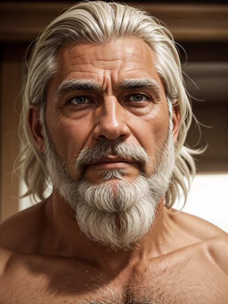 (best quality), 1boy, older man, tanned skin, white hair, medium hair, combed back hairstyle, slightly wavy hair, brown eyes, perfect eyes, beard, sleepwear, handsome, serious expression, dad body, muscular, broad, strong jawline, masterpiece, anatomically correct, highres