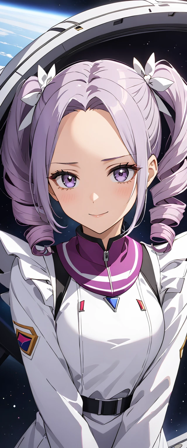 ((White Hair:1.4,  gradation hair )), Purple hair tips, (( split bangs outside a spaceship:1.4, Forehead:1.4)),  short hair , (( TWO SIDES UP:1.4)), ((drill hair:1.4)), (White Eyes, White Eyes), Angel Cosplay, halo, angel wing