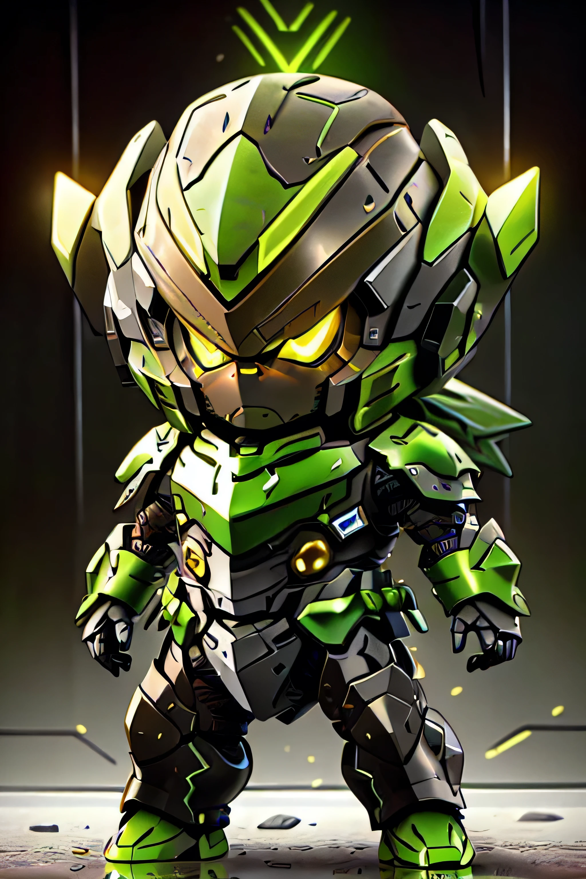 guchen,,chibi, yellow eyes,,glowing,Sci-Fi,Neon Lights,Hyper Real,Photorealistic,16K,high detail,high resolution, ((green and brown armor)), Rillaboom design,