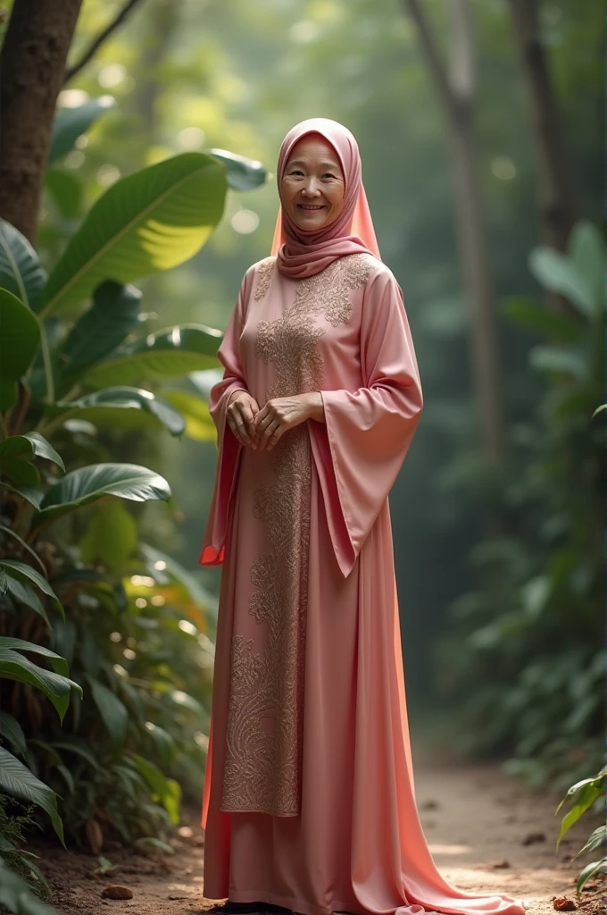 Please make me a picture showing a woman in hijab in front of various potted plants.with decorations and carrying a matching handbag.wearing a Turkish color robe ((full body)). Smiling sweetly at the viewers, the person also wore pointed-toed shoes that matched the clothes. Behind the person, there is a collection of greenery of various sizes and shapes, creating a lush backdrop.