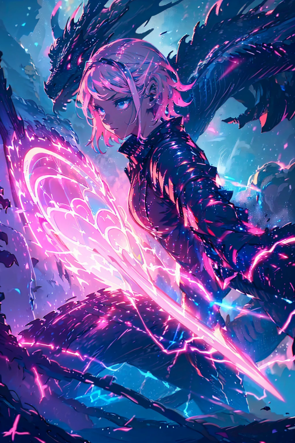 ((Best Quality)), ((masterpiece)), ((detailed)), ((High Definition)), 
1girl,solo,cool,(((pink short hair,blue eyes))),
The black silhouette of an anime-style magic swordsgirl,With a sparkle,With a magical aura,with celestial details,
cyber,cyber punk,neon,lightning sword,thunder effect,dark neon dragon her background,black dragon,