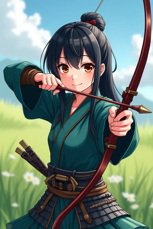 Best Quality, masterpiece,  highest resolution ，armor，samurai_armor，Bow and arrow shooting pose，bow and arrow，Japanese Sengoku Warlords，（grassland_background），Black Hair，Beautiful eyes，smug face，Young woman， anime style, （4K）, Alone，((whole body)) ， Looking at the camera,   hyper-detail, (Intricate details),