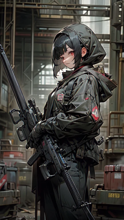 Best Quality、Every detail、Structurally correct、Anti-material rifleを両手で持つ、Girl wearing a hood、Black hair with a bob cut、Red eyes、Anti-material rifle、Huge rifle、Heavy equipment、Black clothes、iron、metallic、