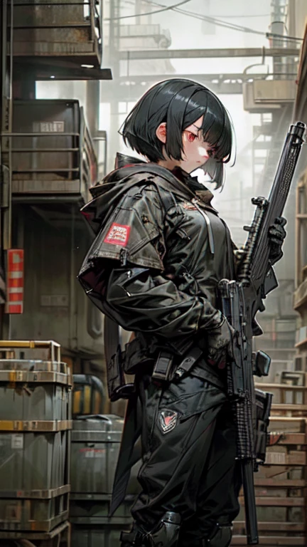 Best Quality、Every detail、Structurally correct、Anti-material rifleを両手で持つ、Girl wearing a hood、Black hair with a bob cut、Red eyes、Anti-material rifle、Huge rifle、Heavy equipment、Black clothes、iron、metallic、