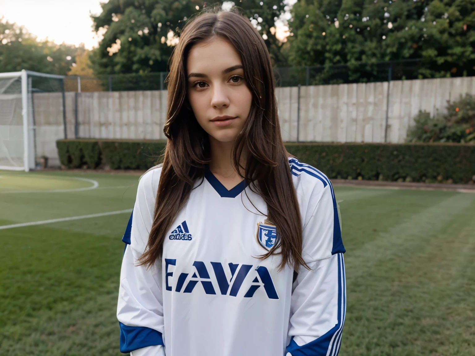 Générer une du style Disney-PIXART 3D sur le thème du foot. Elle est une joueuse de football avec une structure physique mince, yeux bleus, cheveux long et violet et sourcils fin. Elle porte le maillot du real madrid blanc avec des accents noirs. His jersey number is 10