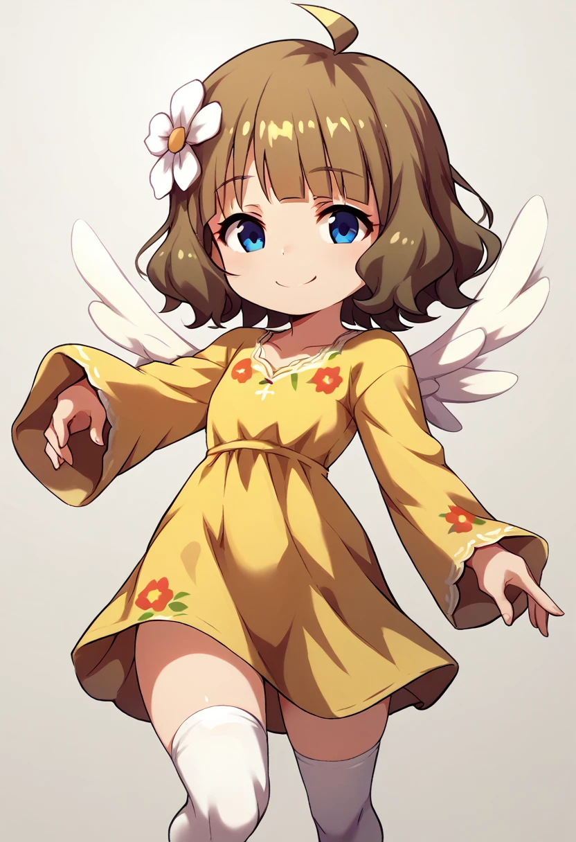 {{masterpiece, best quality, ultra detailed, portrait, 8k wallpaper, highres,}}, 1girl, suou momoko, smiling, short stack, narrow legs, flat chest, skinny, her age is 8, tiny, casual, ahoge, short hair, blue eyes, eyebrows visible through hair, wavy hair, blunt bangs, yellow dress, print dress, floral print, yellow shirt, short over long sleeves, layered sleeves, hair ornament, hair flower, white flower, cotton panty, white thighhighs, dynamic pose, dynamic angel, 