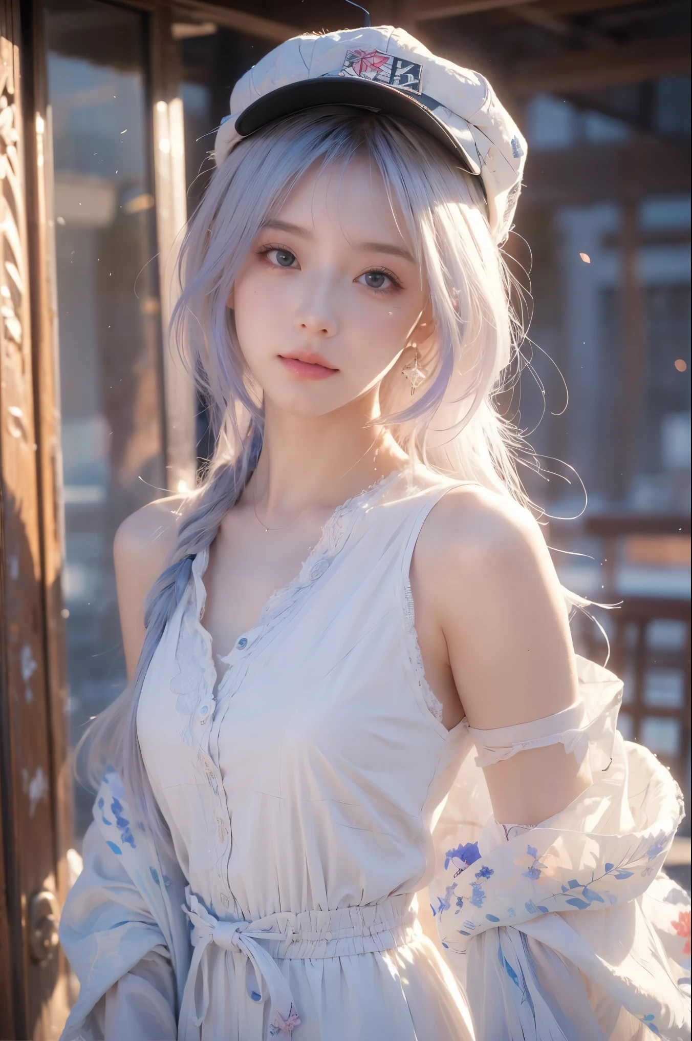 masterpiece, best quality, 4K, Ultra HD, Sansho Castle, , Beautiful eyes and delicate face, illustration, Beautiful and detailed, high resolution illustration, luminescent_White_particle, 1 Girl, White hair, Lilac eyes, Hair covering one eye, Short side details, Baseball cap,Expressionless, curtain, Black jacket, Chest hanging, Cyberpunk, Technical clothing,(Impressionism:1.4)