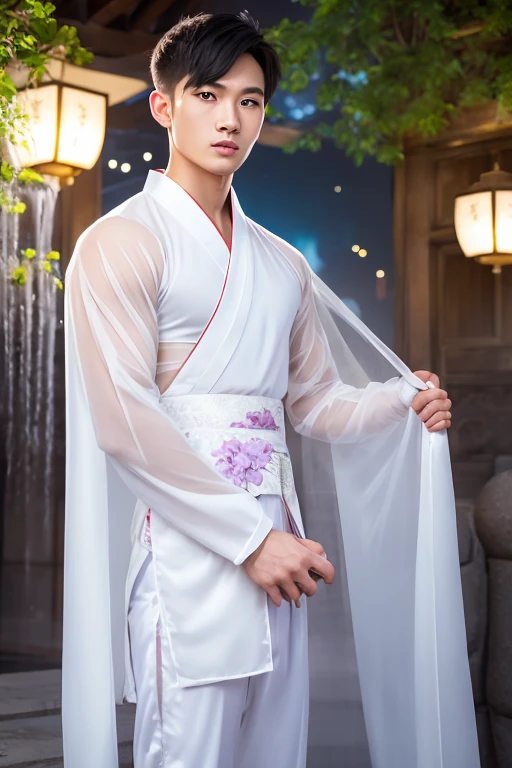 (A asian pretty Boy, cute boy, Nude posing:1.1), (absurdres, Intricate details, best quality, high resolution, 8K, realistic, masterpiece:1.2), 1boy, ulzzang boy, japanese idol, very handsome, perfect face, Extremely detailed, Practical:1.5, professional photography, Bright colors, Clear focus, young, slender, muscular, Light muscle definition, slim muscular, perfect Hands, Correct anatomy, male focus, (open white transparent hanfu, white thong, white transparent tulle pants:1.2), Studio Lighting, Lush greenery, flowers, Playful expression, innocenteyes, soft skin, gentlesunlight, Subtle shadows, Warm colors, full-body shot, Black short hair, Chinese courtyard background,