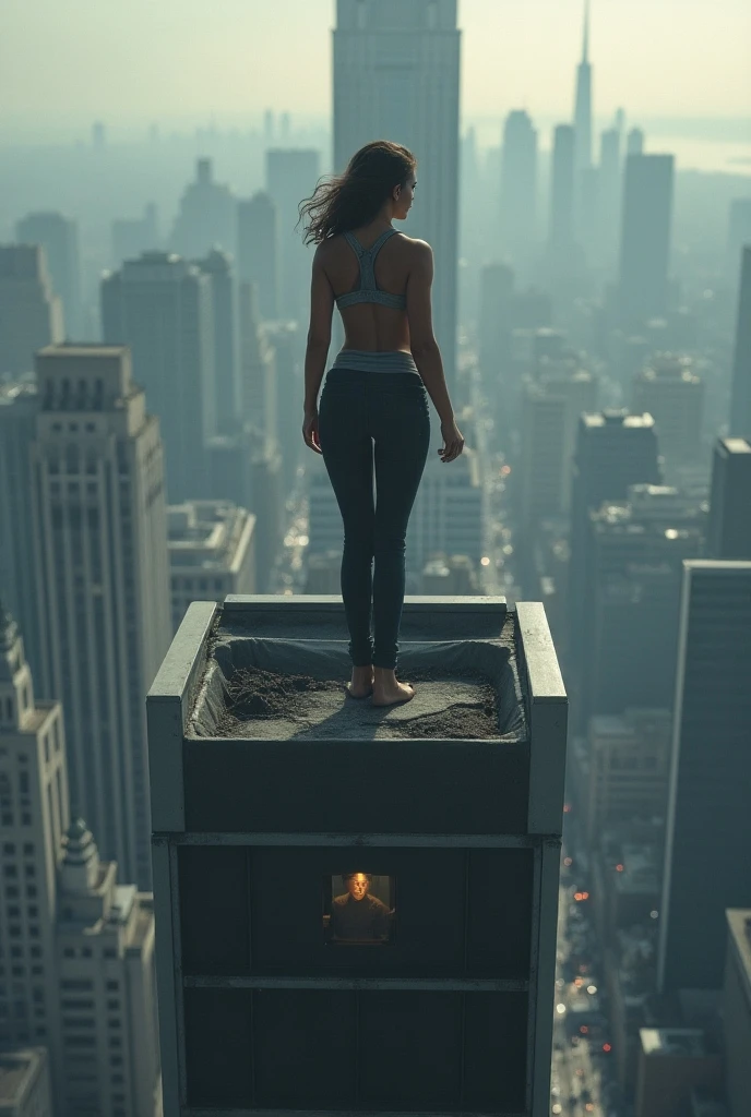 Teenage Kristin Kreuk as Lana Lang lifting a large man high above her head with her strong arms. Photorealistic. Wide angle. City skyline in the background.