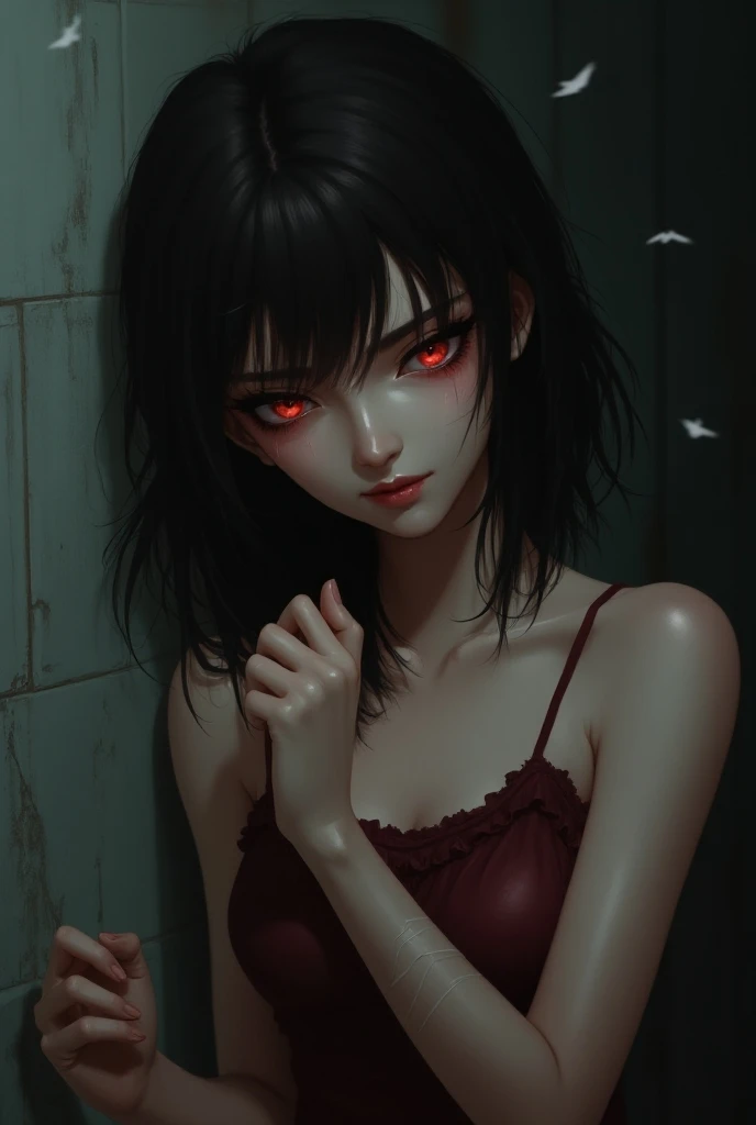 Oil-painting illustration of a pale Korean woman with a dichotomous face, sitting expressionless in a decaying experimentation complex, one side of her face is zombie-like featuring a rotten eye while the other side remains beautiful, dark black hair with ultra-straight full bangs cascading downwards, red glowing eyes radiating an eerie allure as she gazes at the viewer, clothed in a short outfit, surrounded by an atmosphere of decay with dark hues of purple, red, black