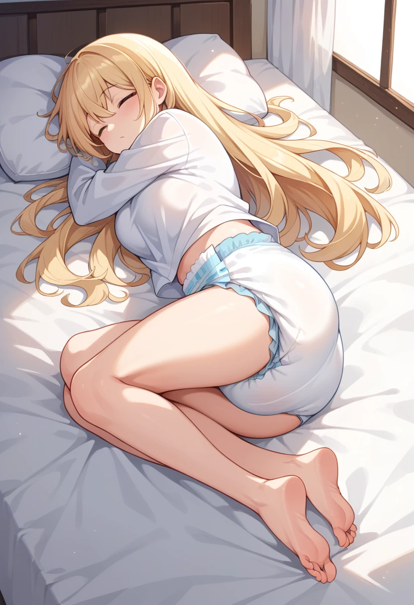 Beautiful long blonde　 white shirt　diaper　 sleeping in bed 　barefoot　