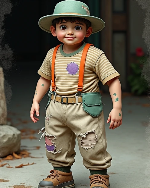 1 little boy realistic, best quality, 8k,ultra filtration,the little  boy wear a pumpkin helmet,wear a half pant,wear a half under t shirt, during rainy,little smile on his face,