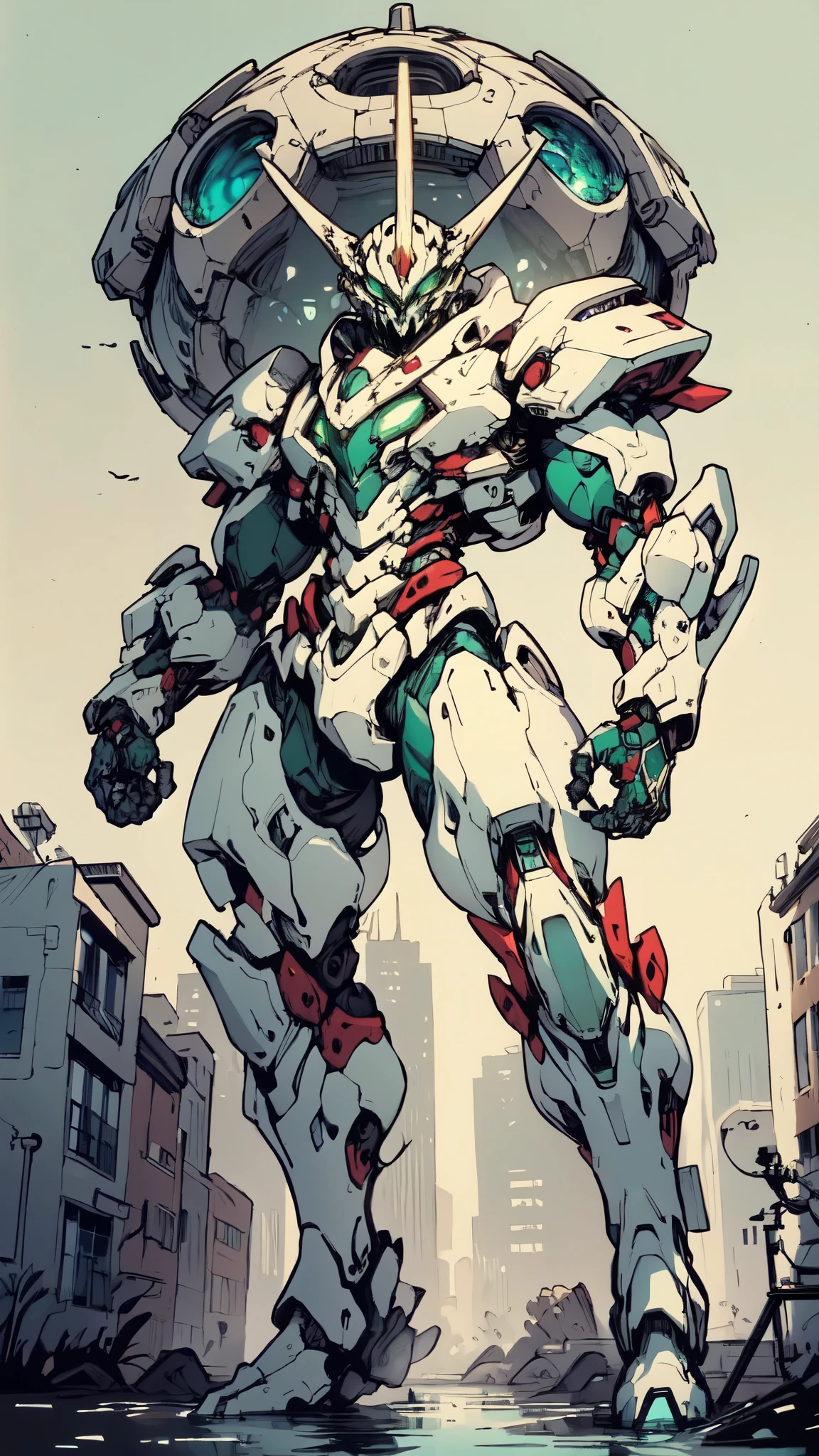 (masterpiece:1.5, best quality:1.5, extremely delicate:1.5), ((male:1.5)), Biomimetic humanoid Mecha, green eyes, fully enclosed shoulder guards, matching arm and leg guards, gemstone, full body, full armor, the design balances heavy with agility, organic biotech armor, (the color scheme is primarily Red with Green and White accents, concept Inspired by Lion, glowing eyes, the armor glows), standing, floating high above the futuristic sci-fi city, exquisite and mature art style, metallic, dramatic, high definition, highres, ultra-detailed, ultra-fine painting, professional, anatomically correct, symmetrical face, extremely detailed eyes and face, high quality eyes, creativity, RAW photo, UHD, 32k, Natural light, cinematic lighting, (masterpiece-anatomy-perfect:1.2)