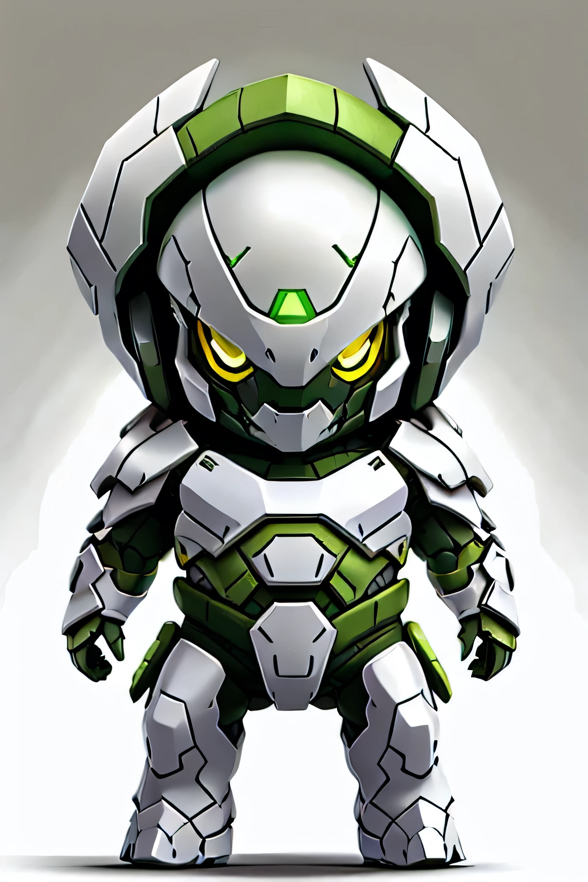 guchen,,chibi, yellow eyes,,glowing,Sci-Fi,Neon Lights,Hyper Real,Photorealistic,16K,high detail,high resolution, ((green and white armor)), Torterra design, turtle shell, 