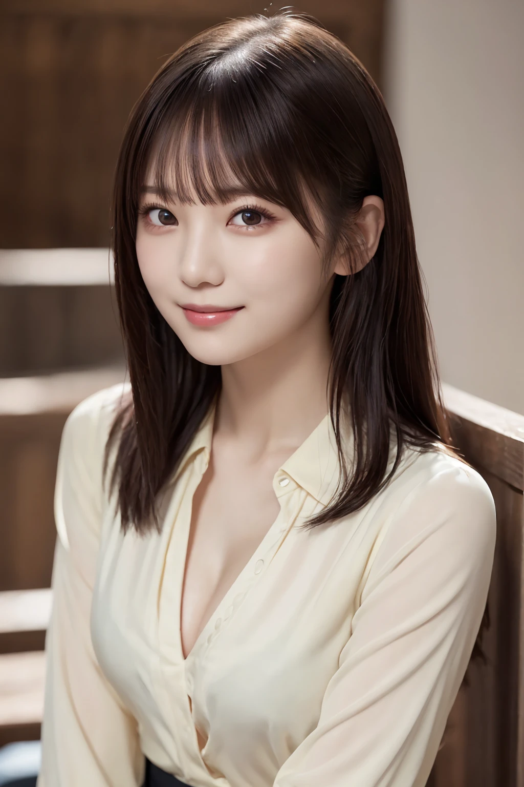 (blouse : 1.5)、Complex and beautiful eyes、(stand up : 2.0)、Feminine black hair、(Delicate and realistic hair、1 bottle１Realistic hair)、bangs、 natural color lips、smile、((白いindoor))、indoor、Wall、((18-year-old female:1.2))、Young and adorable Japanese face, Official Art，Highly detailed CG Unity 8k wallpaper，（masterpiece:1.0),(Best Quality:1.0), 超 High Resolution ,4K, very detailed, photo shoot, 8k,  NFFS W ,  High Resolution ,  Kodak Portrait 400, Film Grain, Lens flare glow,高いest quality,8k, NFFS W :1.2), portrait shot,8k、 viewer, (((Front View))), ((Facing))、Body facing forward、Bold cleavage、Firm breasts、(Small face : 1.5), Highest quality、Super beautiful images、smile, yellow race, (upper body : 2.0)