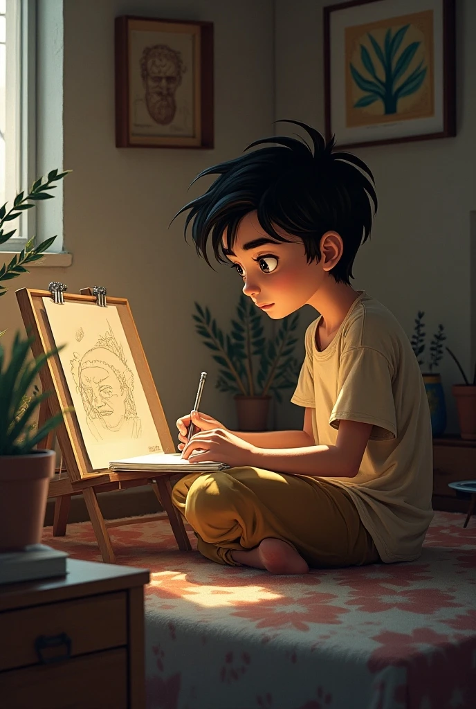 A 18 years old boy make drawing on tabel boy is very sad in art studeo full photo