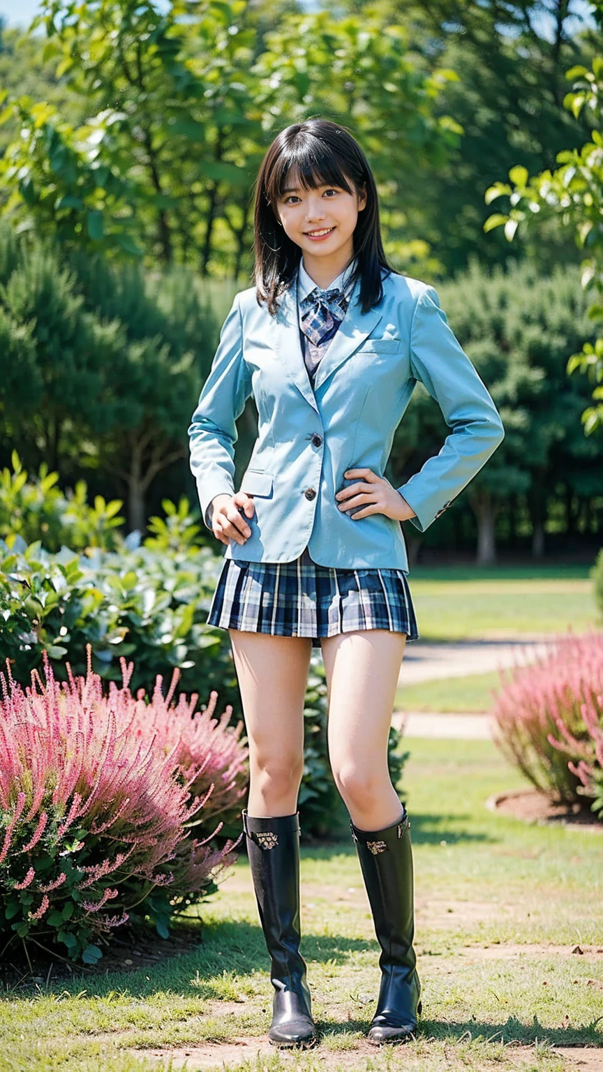 (8k、RAW Photos、 best quality、masterpiece:1.2)、(Realistic、Realistic)、1 person、((Light blue blazer、 medium hair、smile、Schoolgirl uniform、 plaid mini skirt、boots、garden、Thin legs、whole body、 stand with their hands on their hips ))、cute