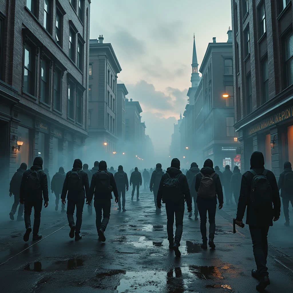 bird view of zombies standing from the floor, 4k realistic imagery, blue scenery like a movie scene, old american setting, inspired by blade runner movie scene, blue tone,