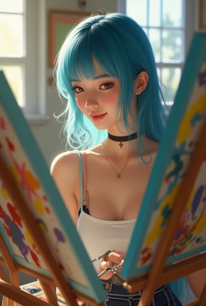 (((Masterpiece, Best quality, photograph realistic))), hyper HD, 8K wallpaper, high resolution, Perfect anatomy, Cinematic lighting, Award-winning, Extremely detailed skin, extra detailed face, Eyes with beautiful details, ((1girl, very short straight blue hair mohaw style, cyan blue eyes, huge breasts, sensual, provocative, sexy, voluptuous, full naked model posing for painter artist in the atelier, foot, pussy, pubic hair, nipples, breast, anus, no clothes, bust size is 135cm and band size 90 cm), bent over spreading own ass from behind and below,grabbing own ass