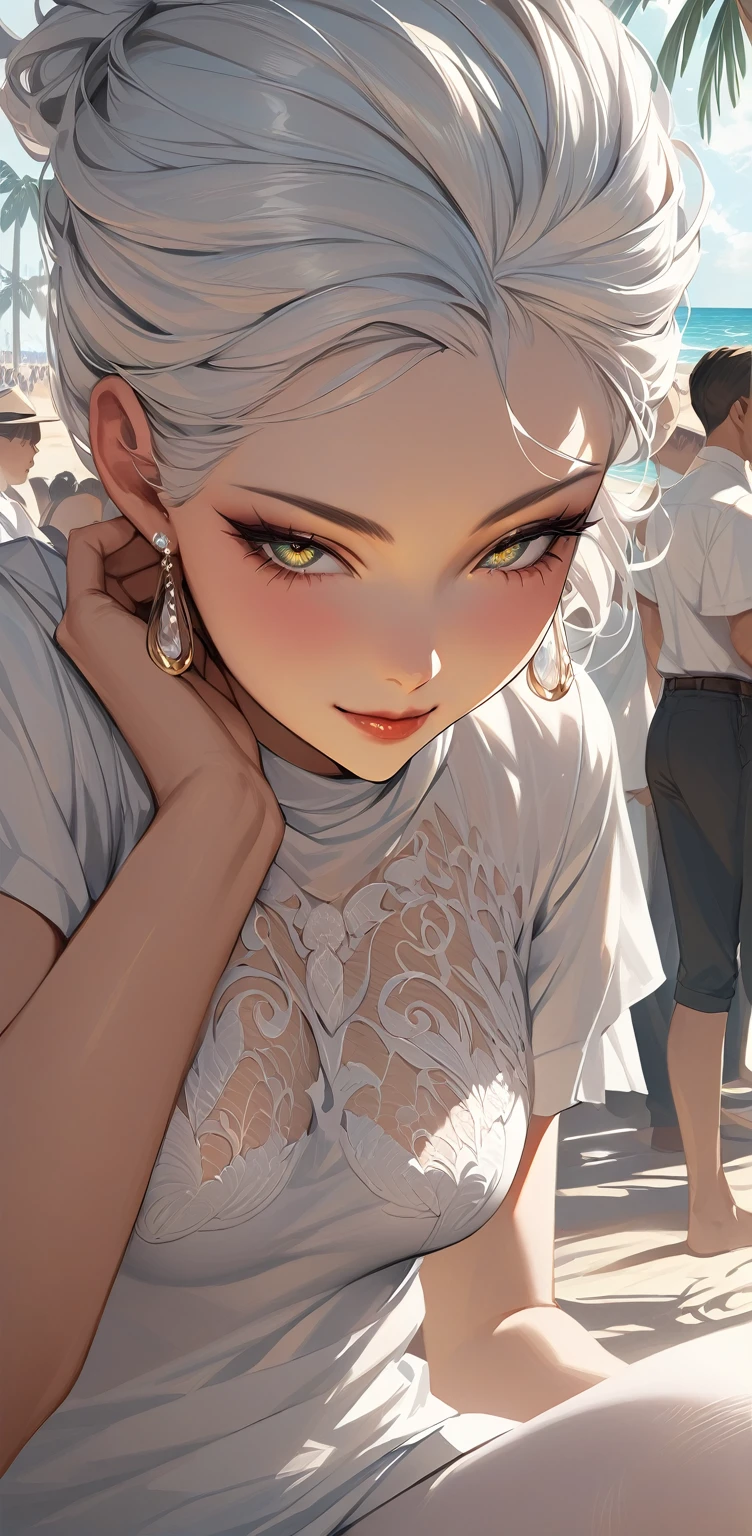 A beautiful young woman with detailed eyes, long eyelashes, and a sexy evocative smile stands on a beach, wearing a white shirt, pantyhose, and earrings. She has shiny skin, a slight blush, and skin indentation. The scene includes palm trees and a crowd in the background. The image is a realistic, high-quality masterpiece, with perfect facial features, sharp focus, and trending on ArtStation and CGSociety.