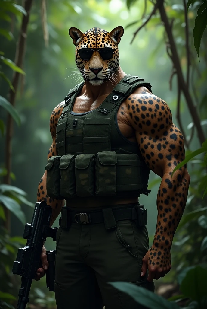 anthro, jaguar, solo, male, adult, veiny muscles, muscular, buffed body, military pants, soldier, serious look, small eye, furred body, detailed background, wilderness background, realistic, photorealistic, ultra realistic, 8k, bare-chested, blue armband, black nipples, black eyes, tight big crotch, no button military jacket
