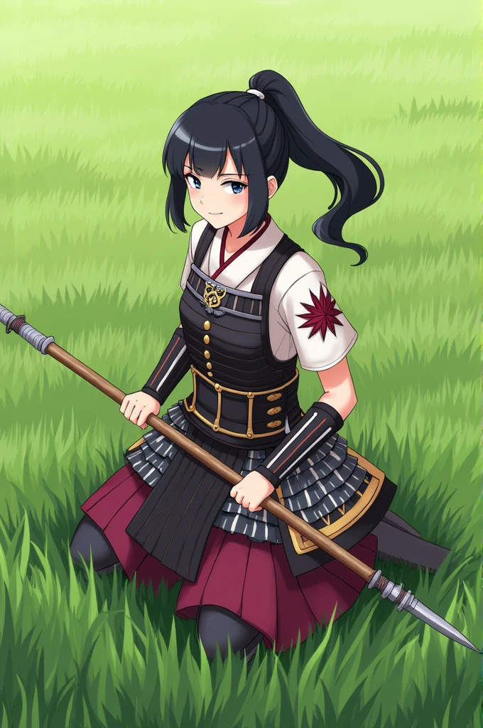 Best Quality, masterpiece,  highest resolution ，armor，samurai_armor，spear，Long spear，Japanese Sengoku Warlords，（grassland_background），Black Hair， ponytail_Hairstyle，Beautiful eyes，smug face，Young woman， anime style, （4K）, Alone，((whole body)) ， Looking at the camera,  hyper-detail, (Intricate details),