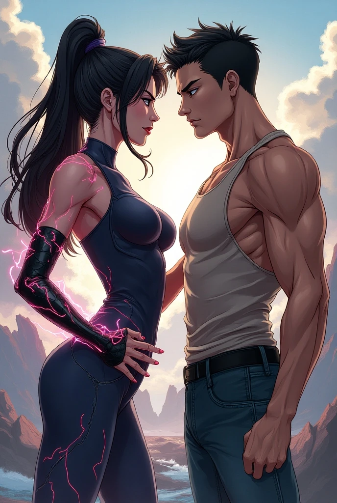 Two men and women facing each other in a street fight。Intense Battle。A man holds out his arm towards a woman。A female street fighter is crying。Covered in bruises。Bloody。shortness of breath。Drooling。Sweaty。Short black hair。Open Finger Gloves。Erect nipples。One eye closed。Leaning back。Upper body naked。Denim shorts。