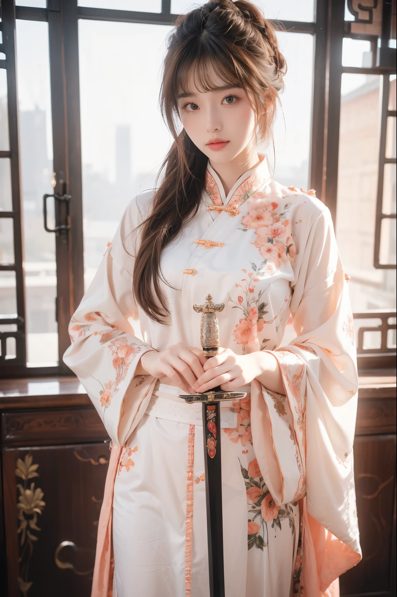 best quality, masterpiece, high resolution,1 girl,Pretty Face,whole body,Chinese clothes,White Taoist robe,Right hand holding sword (Gorgeous decoration),peach,