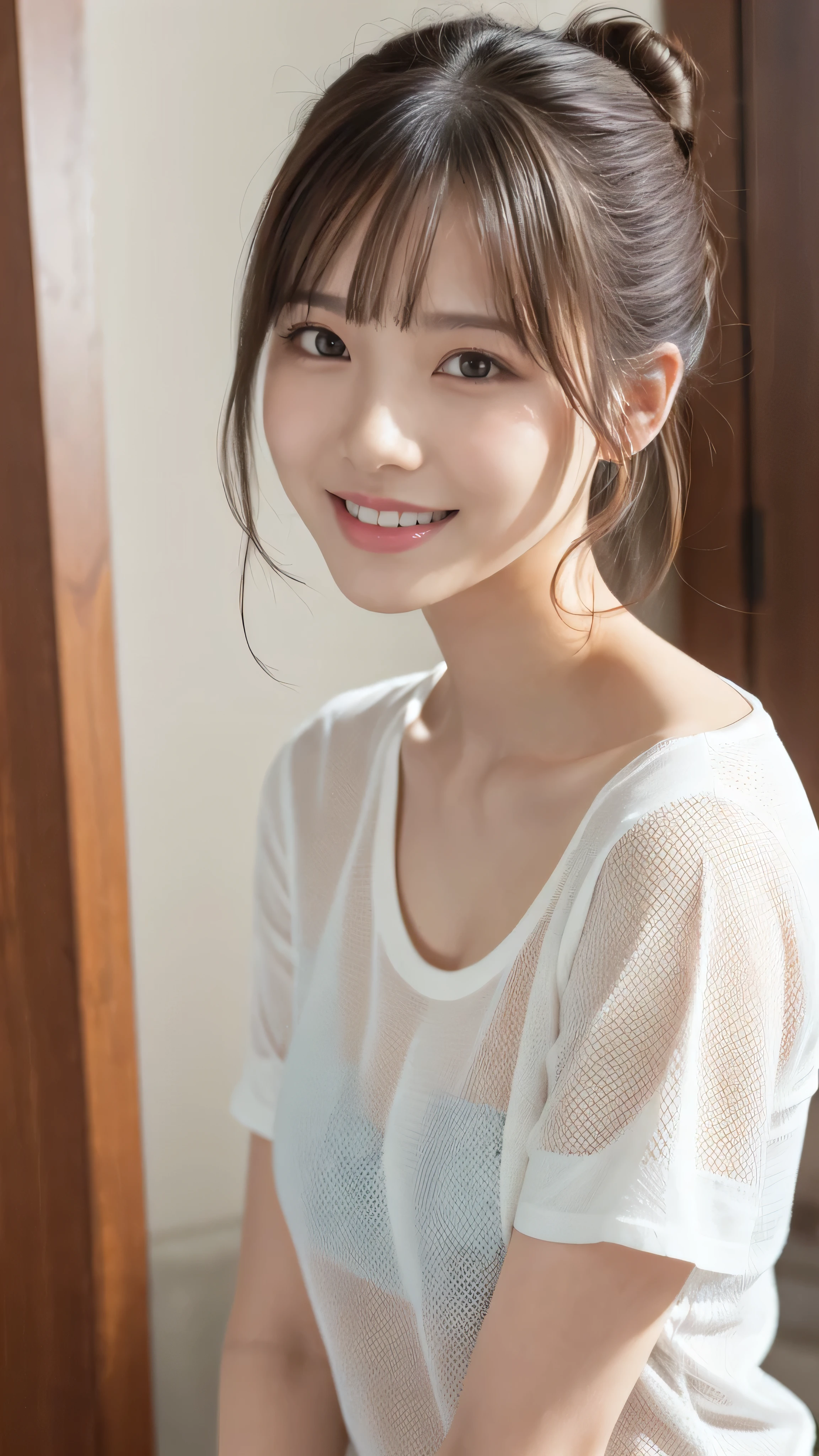 1 Pretty girl，wetclothes,,white skinned，Brown hair，shorter pants，looking at viewert，pony tails，cafe shop，Brown eyes，Reality speaks louder than gestureigchest，Colossal tits，ssmile，low chest