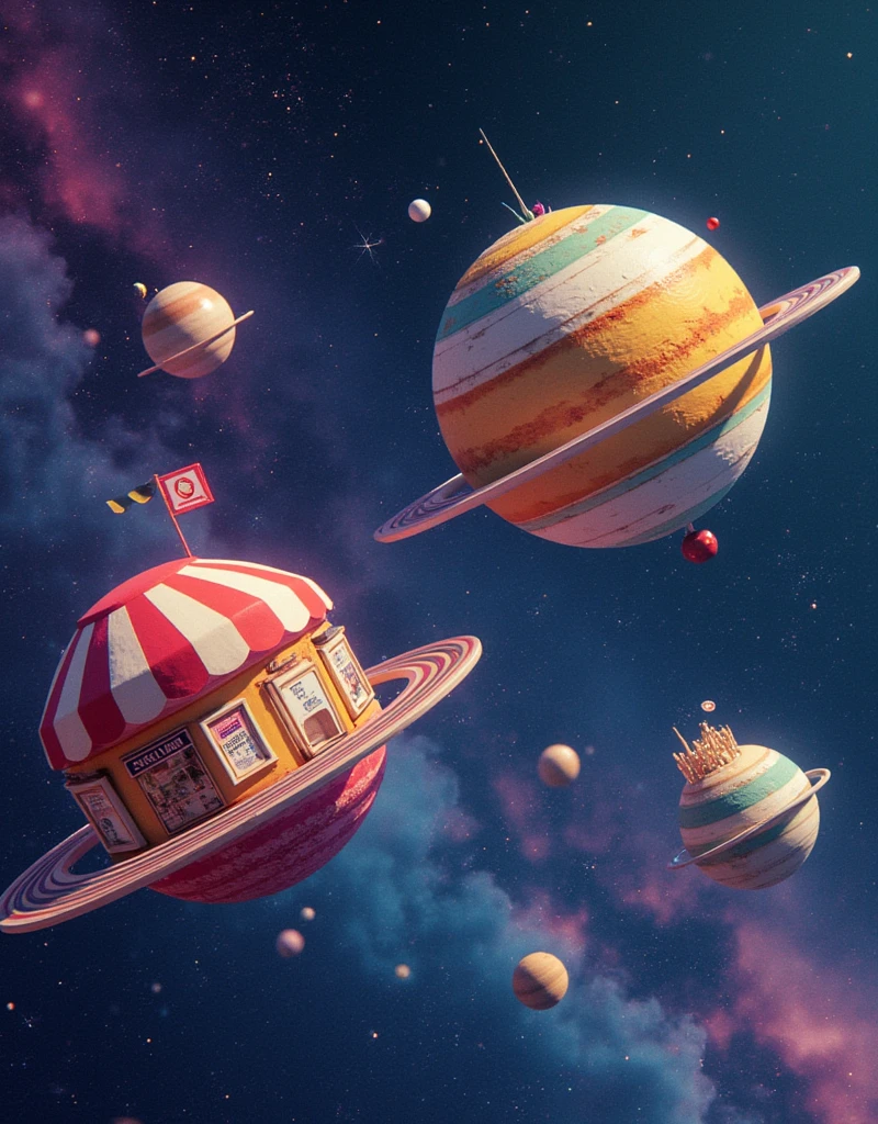  view of planets floating in a colorful and welcoming space,  each planet shaped like a supermarket ,  another in the shape of a coffee shop and another in the shape of a restaurant,  graphic details in a futuristic style , with friendly ,  details with shadows and stars lighting up, In outer space, with shading and lighting , con more details,  more realistic with stars , very attractive and striking , more details 