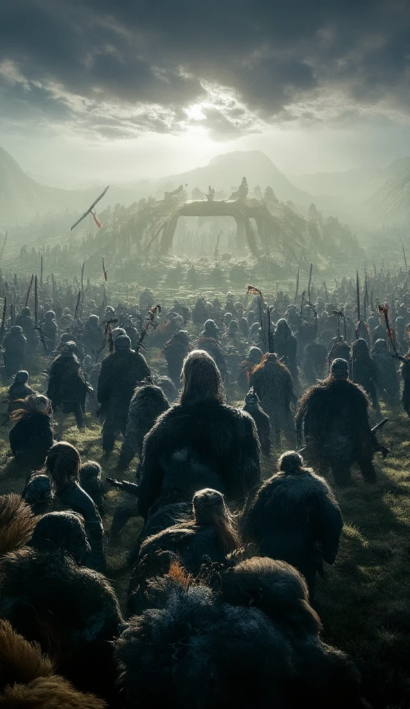 Cinematic A group of VIKING warriors on a HILL, with WEAPONS raised in a gesture of determination. The sky is dark and filled with CLOUDS, symbolizing the beginning of a new ERA. The lush landscape stretches below, representing their homeland. Macro, UHD 4k quality, full megapixels, ultra detailed.