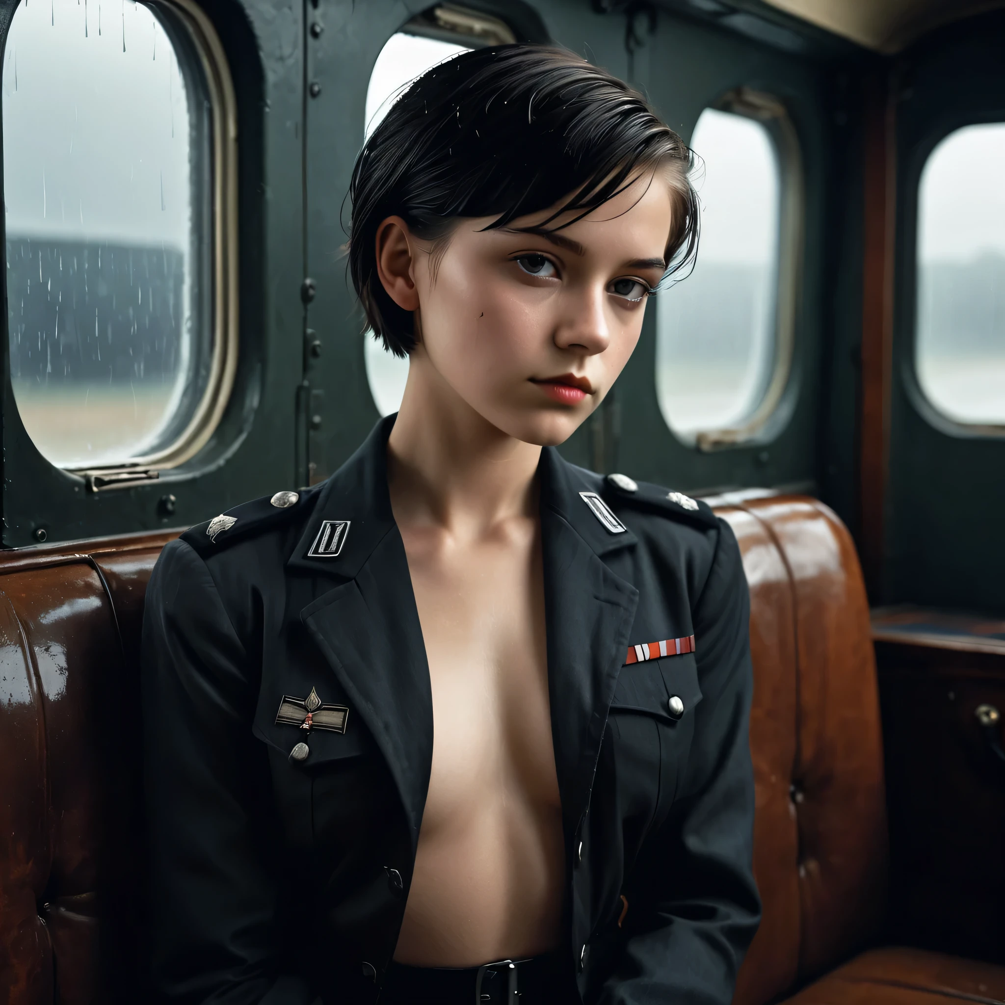 by Bojan Jevtic, Michael Borremans, Vector Art, seductive to camera.
RAW photo,1/2 length shot of a strong yo Young german Beauty, tomboy.
1940s black german military officers uniform, alluring, innocent Pose, bored expression. open jacket, no blouse. no shirt, black tie. jacket hanging off shoulders down back, naked chest.
Land Art, Ilford HP5+ 400, F/5, perfect skin, Smooth Skin, Flat chested, Bold, Brilliant Dim Background Light, low key lighting, deep rich colours, deep dark shadows, sharp and in focus, 8k, side light, deep contrast
Visual novel, Brilliant Masterpiece,
short straight hair, boys haircut, dark hair, open jacket, no bra, goth makeup, background of dark antique aircraft seating, deep dark night, rain on windows, cold light,