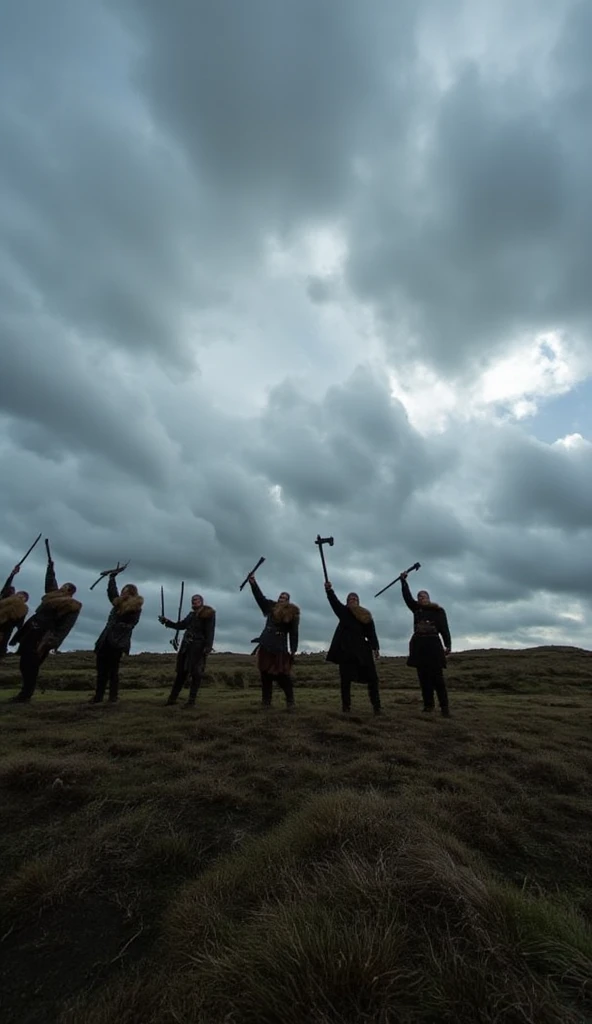 Cinematic A group of VIKING warriors on a HILL, with WEAPONS raised in a gesture of determination. The sky is dark and filled with CLOUDS, symbolizing the beginning of a new ERA. The lush landscape stretches below, representing their homeland. Macro, UHD 4k quality, full megapixels, ultra detailed.