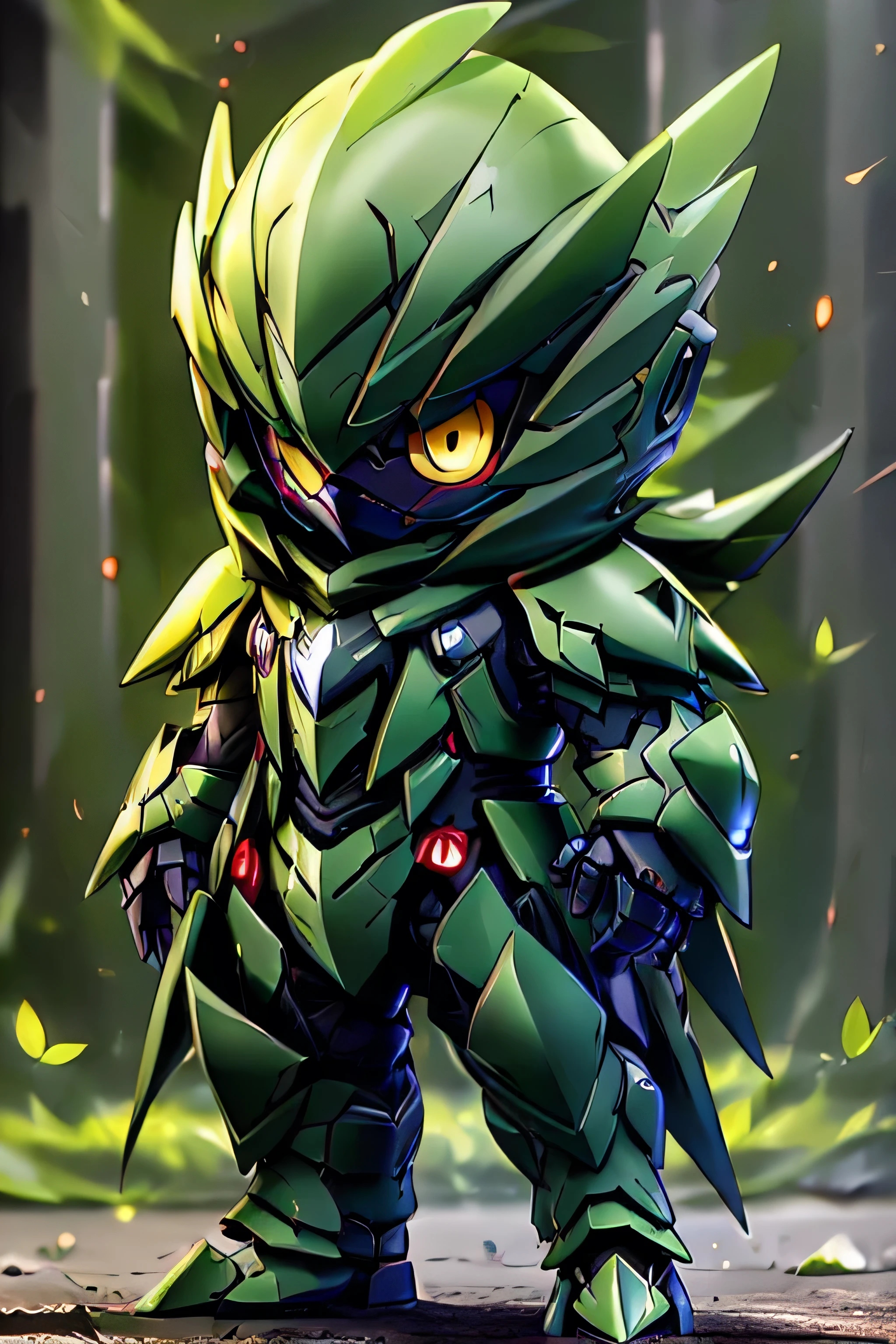 guchen,,chibi, yellow eyes,,glowing,Sci-Fi,Neon Lights,Hyper Real,Photorealistic,16K,high detail,high resolution, ((dark green armor)), Decidueye design, bird beak, brown wings, 